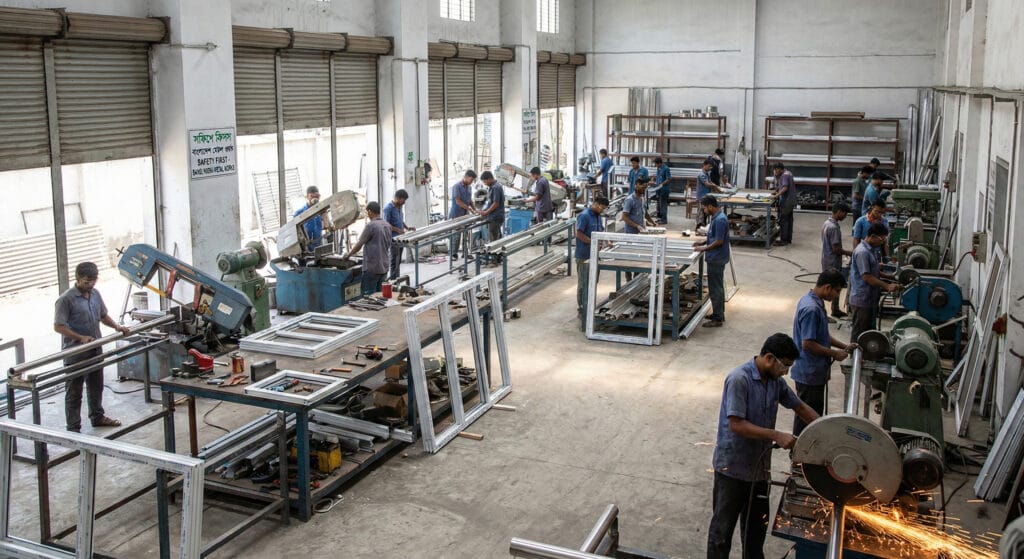 Custom aluminium and stainless steel workshop at Bright Thai Aluminium in Sylhet with skilled workers